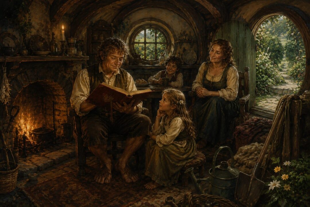 Samwise reading from the Red Book beside the hearth in Bag End while his family listens.