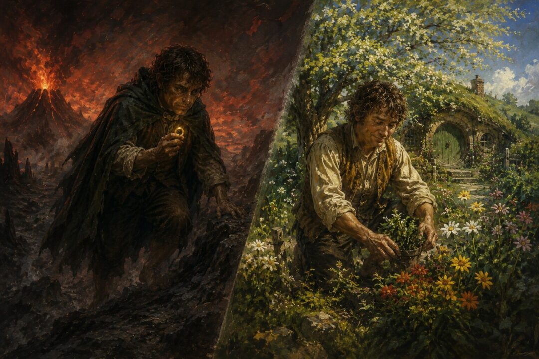 A symbolic contrast between Sam bearing the One Ring in Mordor and later tending flourishing gardens in the Shire.
