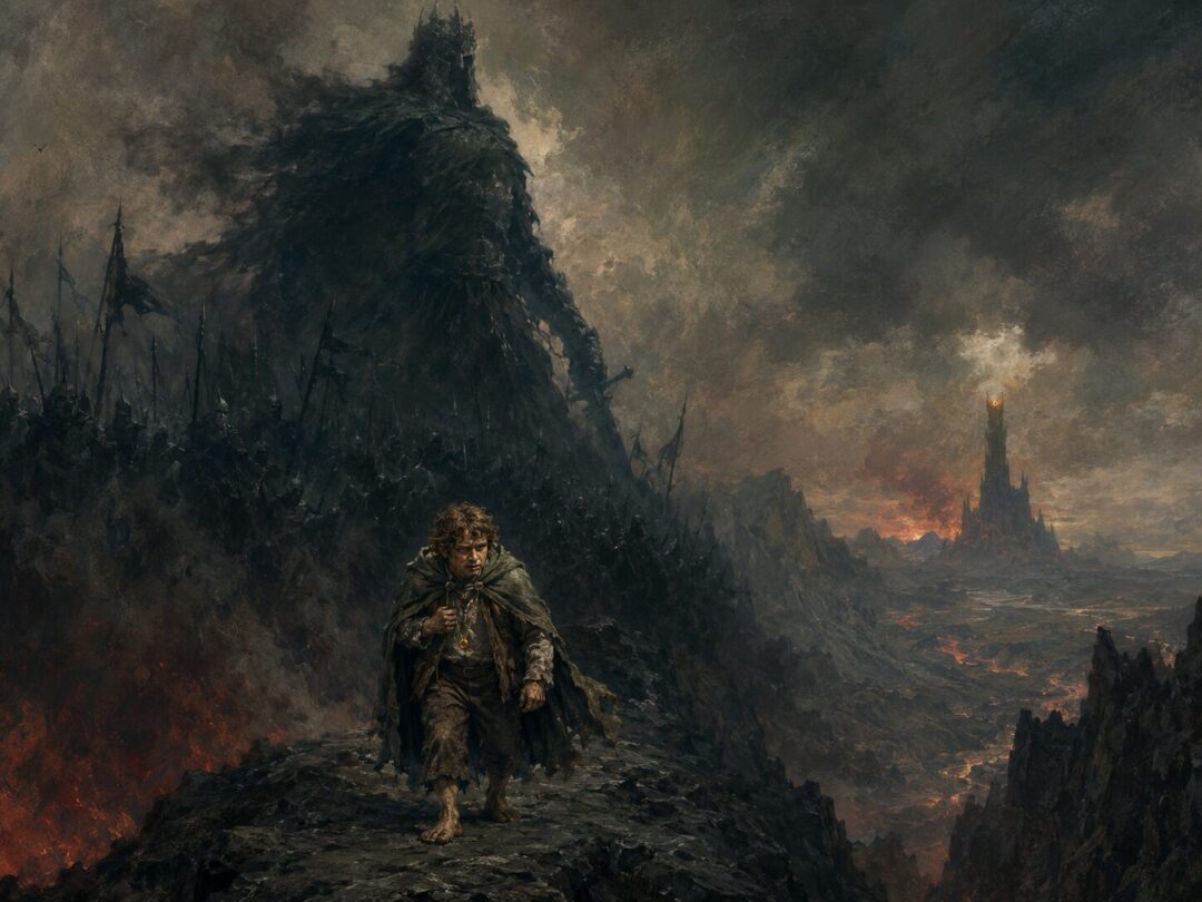 Samwise stands in Mordor with the Ring at his chest while a vast warrior shadow rises behind him.