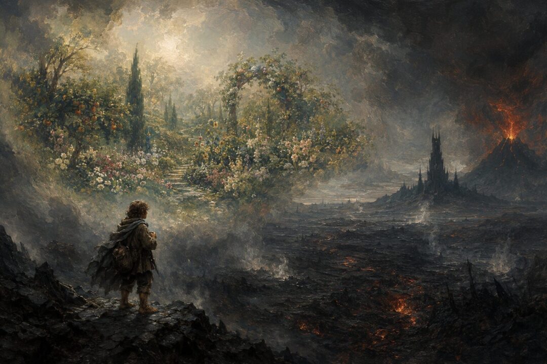 Sam bearing the Ring near Mordor while a mirage of a green garden appears across the ash plains.