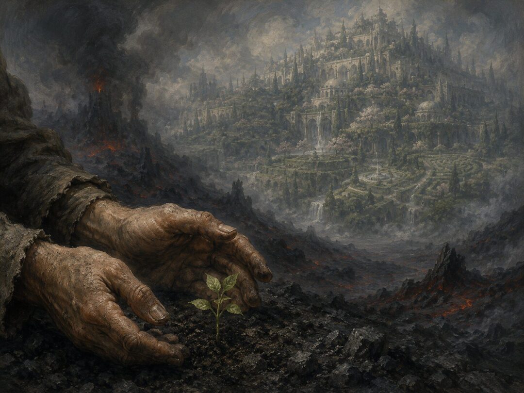 Samwise’s gardener hands hover over a small green seedling growing from the ash of Mordor.