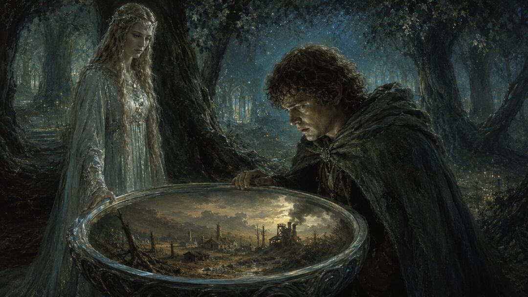 Samwise sees a troubling vision of the Shire damaged by cut trees and disturbed earth in Galadriel’s Mirror.
