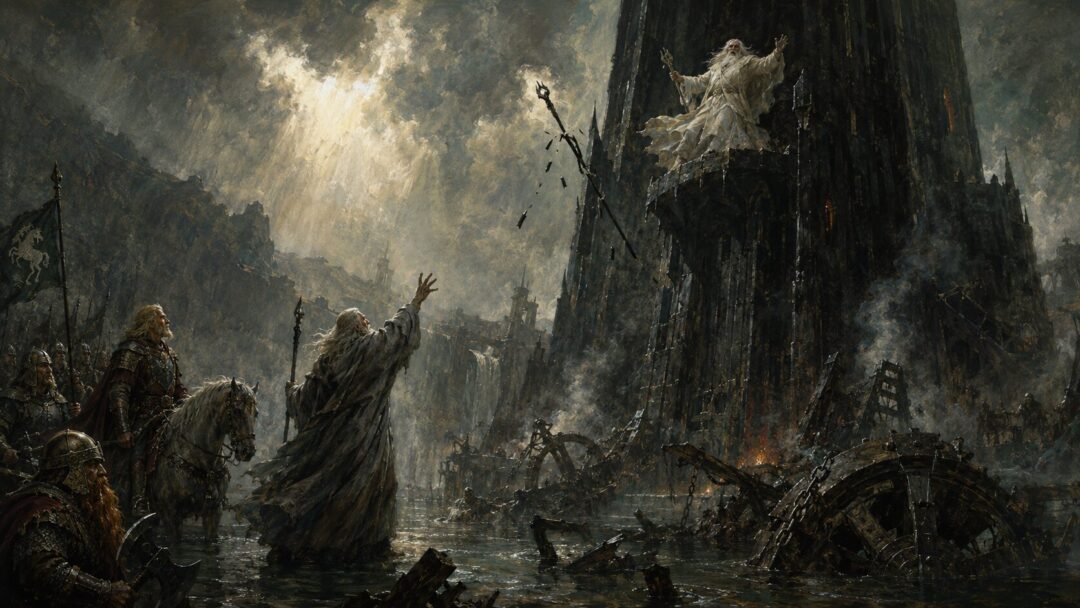 The four hobbits confront the diminished Saruman as Sharkey in a damaged Shire lane near Bag End.