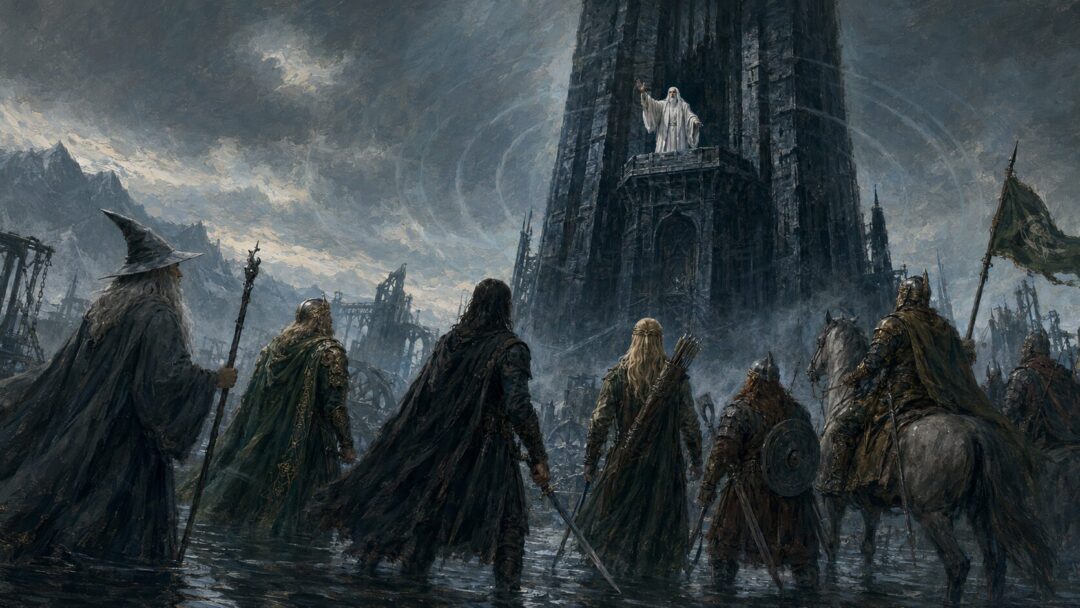 Saruman speaks from the balcony of Orthanc to Gandalf, Théoden, and their companions after Isengard has fallen.