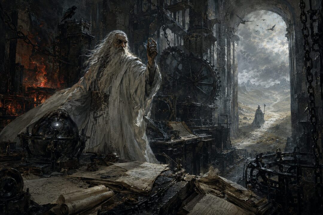 A fallen white-robed wizard in a tower of machinery contrasts with Gandalf’s path of restraint.