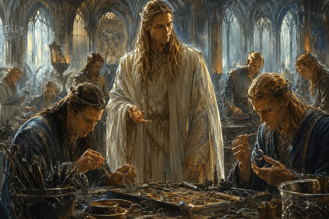 Annatar appearing fair among the Elven smiths of Eregion before the forging of the Rings of Power.