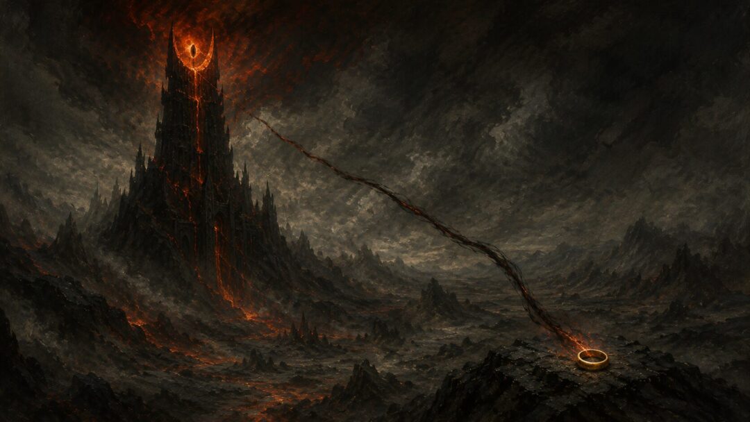 A shadowy power in Mordor is connected to a distant golden ring by dark fire.