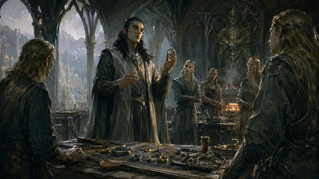 Sauron appearing as a fair teacher of craft before Elven smiths in Eregion.