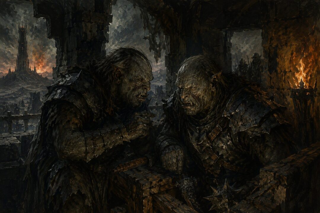Sauron imposing his overwhelming will upon assembled Orc armies before battle.