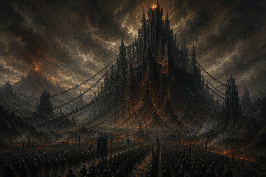 Symbolic dark fortress representing power built on domination and fear