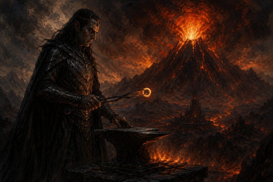 Sauron forging the One Ring in the fires of Mount Doom