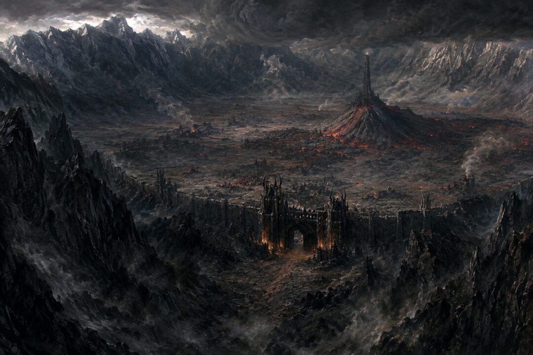 Mordor surrounded by mountain ranges with the Black Gate guarding the main entrance