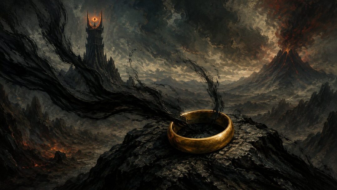 A plain golden ring on volcanic stone with shadowy power flowing into it.