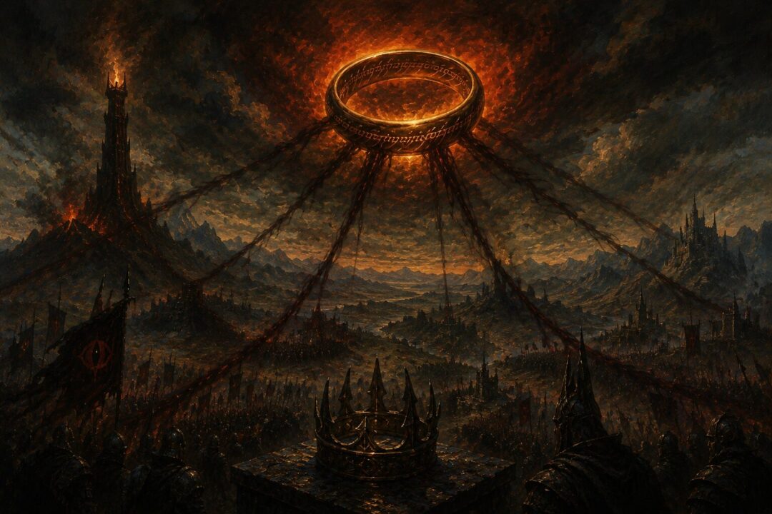 Symbolic depiction of Sauron's power flowing through the One Ring across Middle-earth