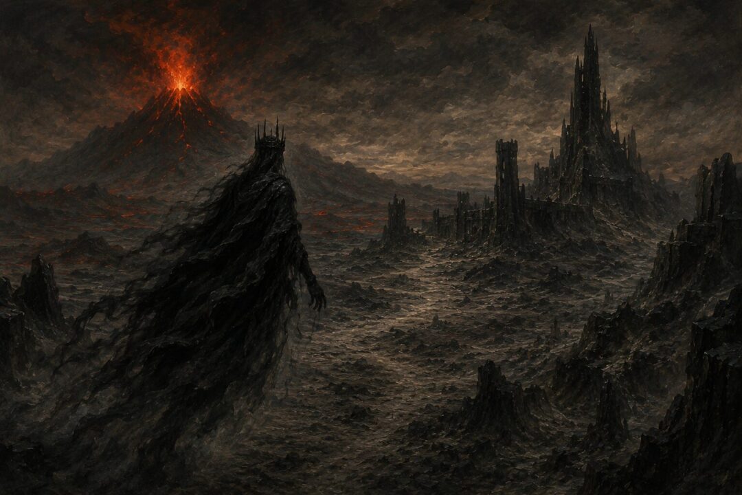 The shadow of Sauron returning to Mordor after a devastating loss
