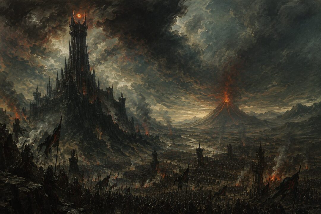 Barad-dûr overlooking the armies of Mordor as Sauron's unseen power spreads across the land.