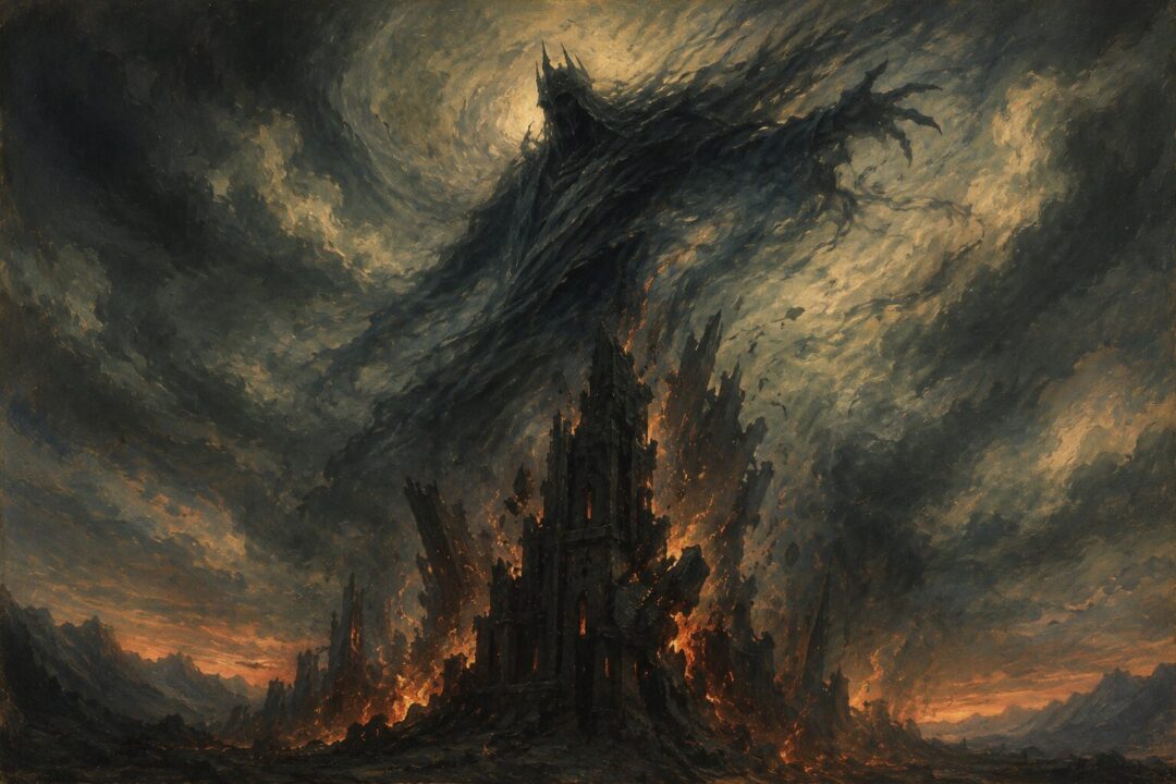 Sauron's shadowy spirit collapsing as Barad-dur falls after the Ring's destruction