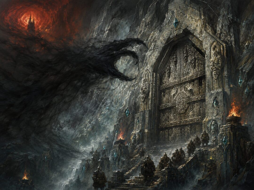 A symbolic vision of Sauron’s shadow failing to master a sealed Dwarven heart of stone.