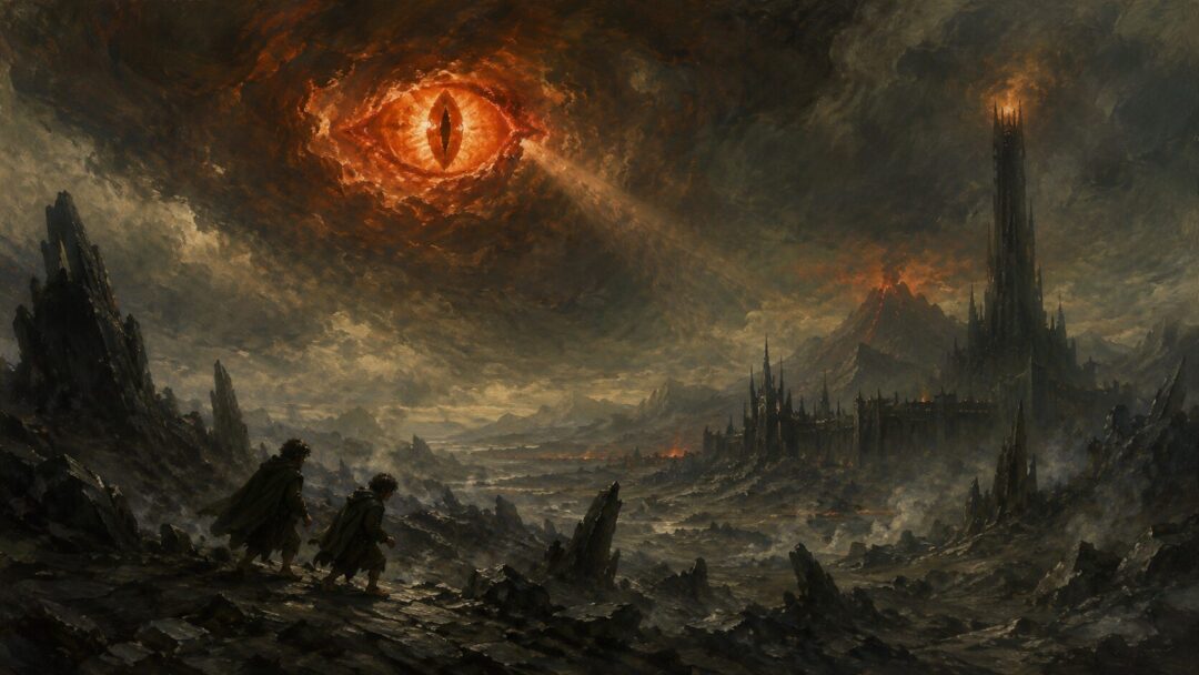 Sauron’s Eye searches toward armies and towers while two small hobbits move unnoticed through a dark land.