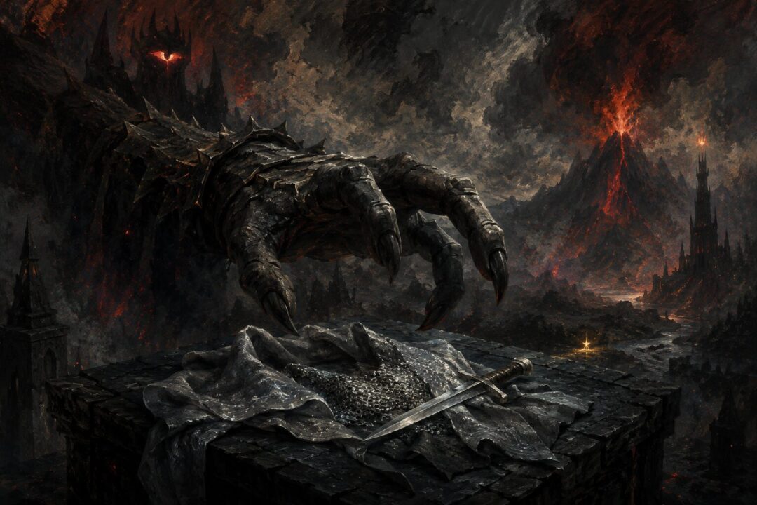 A dark symbolic hand closes around Frodo’s gear while a faint golden glimmer remains beyond its grasp.