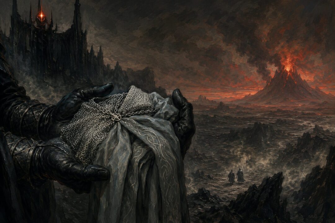 Stolen hobbit gear is displayed in the foreground while two tiny disguised hobbits move unseen through Mordor in the distance.