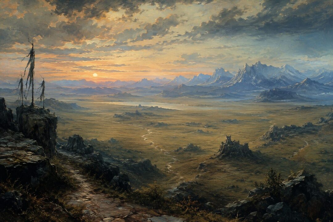 Vast eastern plains beyond the Sea of Rhûn disappearing into distant mountains at dawn.