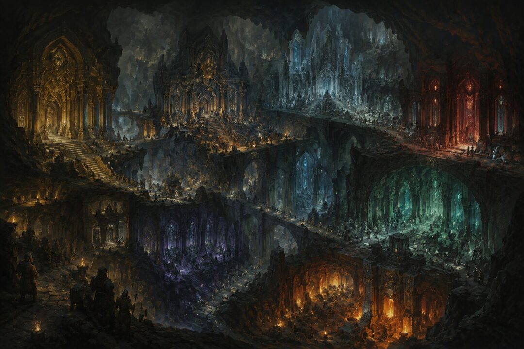 The seven houses of the Dwarves represented as branching subterranean halls within a vast underground kingdom