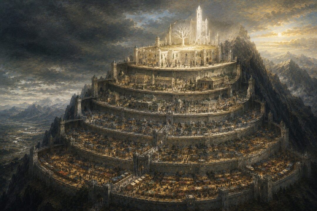 Symbolic depiction of Minas Tirith's seven levels protecting civilization, authority, and hope