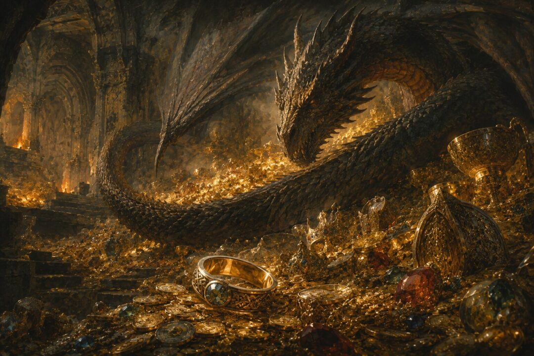 One of the Seven Rings resting among a dragon’s vast treasure hoard deep underground.