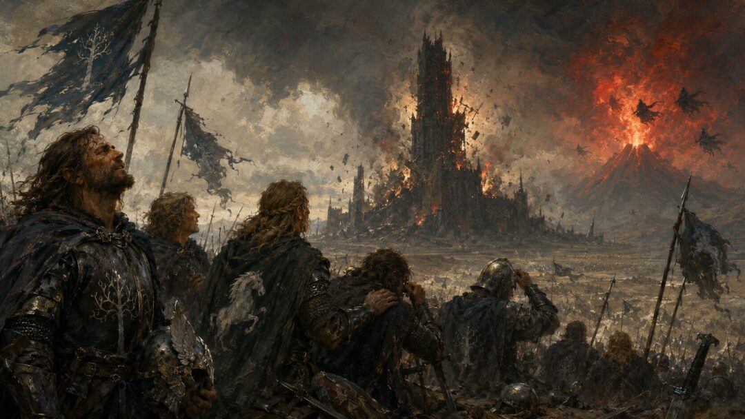 The Army of the West watches the shadow lift as Mount Doom erupts and Barad-dûr falls.