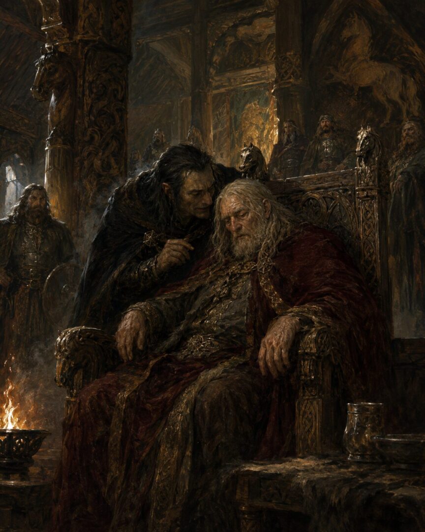 A weary Théoden sits in the shadowed Golden Hall of Meduseld under the influence of a whispering counselor.