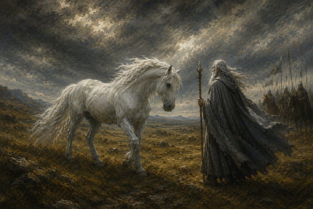 Shadowfax freely approaching Gandalf on the plains of Rohan.