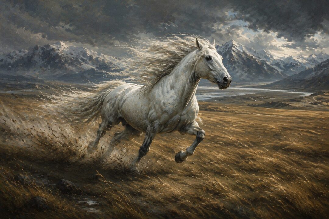 Shadowfax galloping across the grasslands of Rohan with extraordinary speed