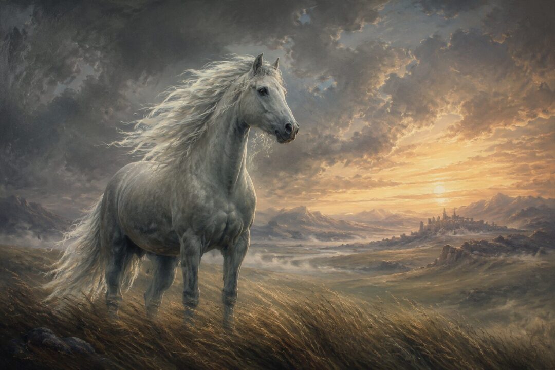Shadowfax the great silver-grey horse standing freely on the plains of Rohan