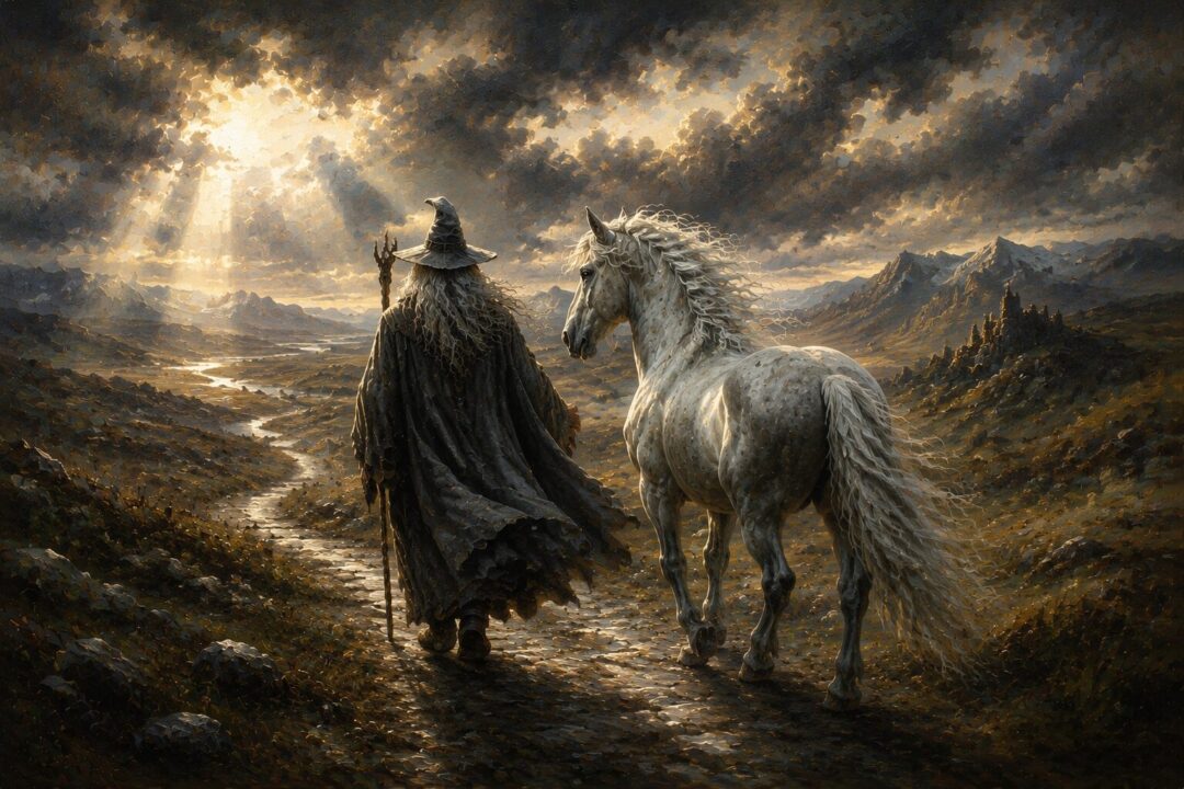 Shadowfax standing alone on a hill overlooking distant lands and kingdoms