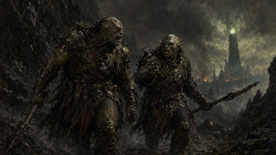 Shagrat and Gorbag argue in the dark pass of Cirith Ungol after Frodo is found by Orcs.