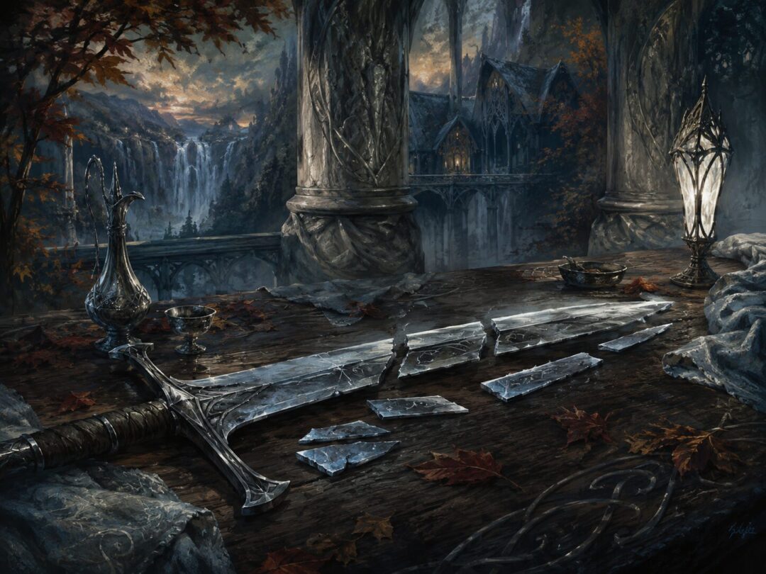 Broken shards of Narsil resting on a table in Rivendell under solemn twilight light.