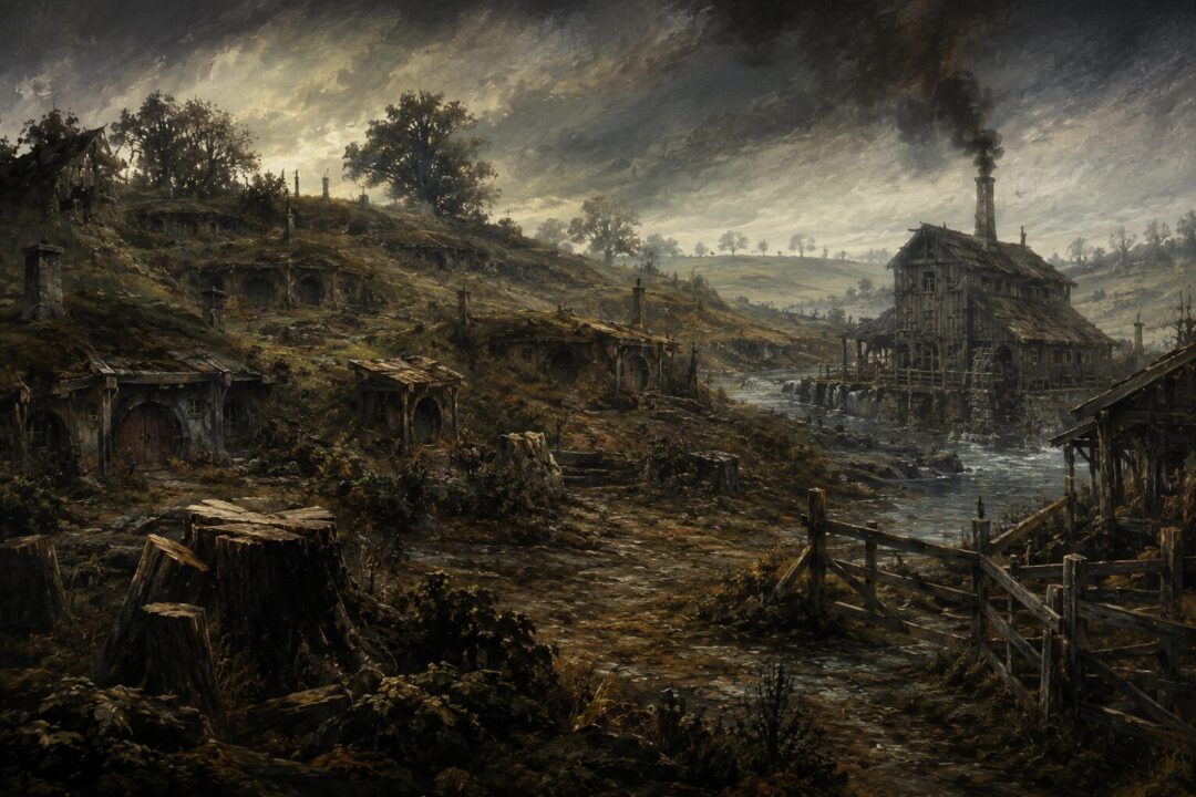 Hobbiton damaged under Sharkey’s rule with felled trees and smoke from the mill.