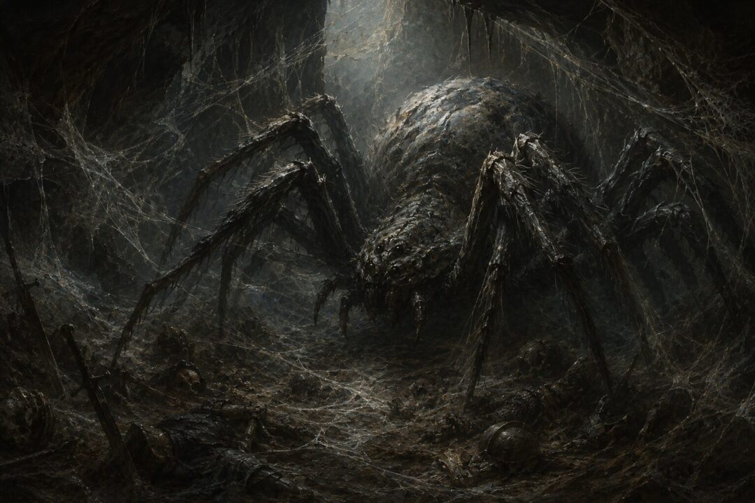 Shelob waiting within the dark web-filled tunnels of Cirith Ungol.