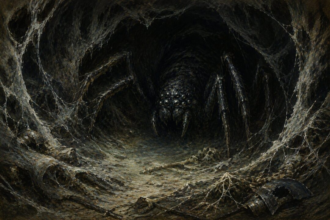 Shelob lurking in her web-filled tunnel with many eyes shining in the darkness