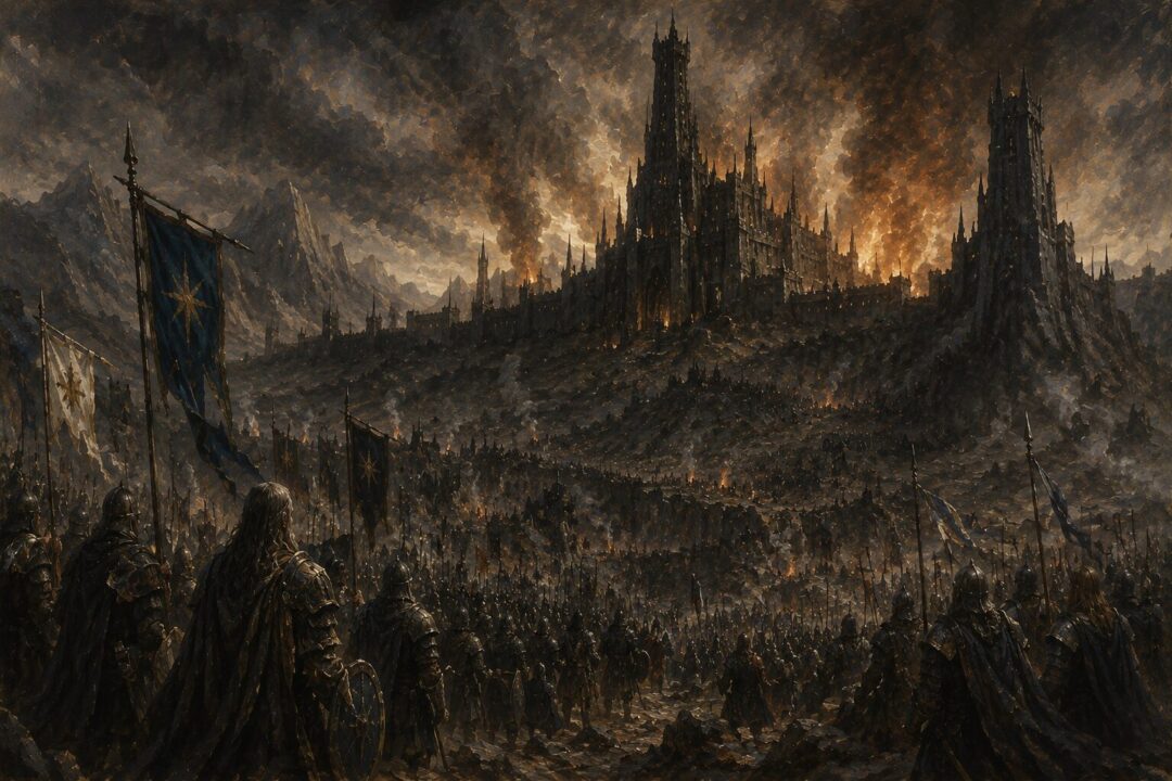 The Last Alliance besieging Barad-dûr before Sauron emerges to fight.