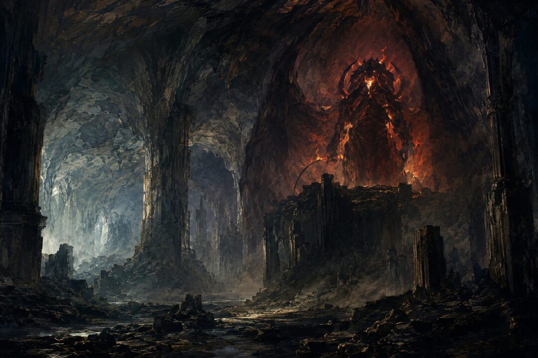 A lone Balrog standing silently in a vast cavern beneath the Misty Mountains