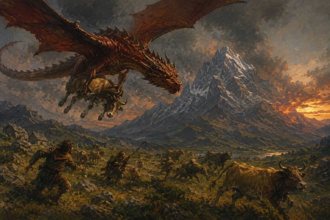 Smaug flying over the countryside carrying stolen livestock near the Lonely Mountain.