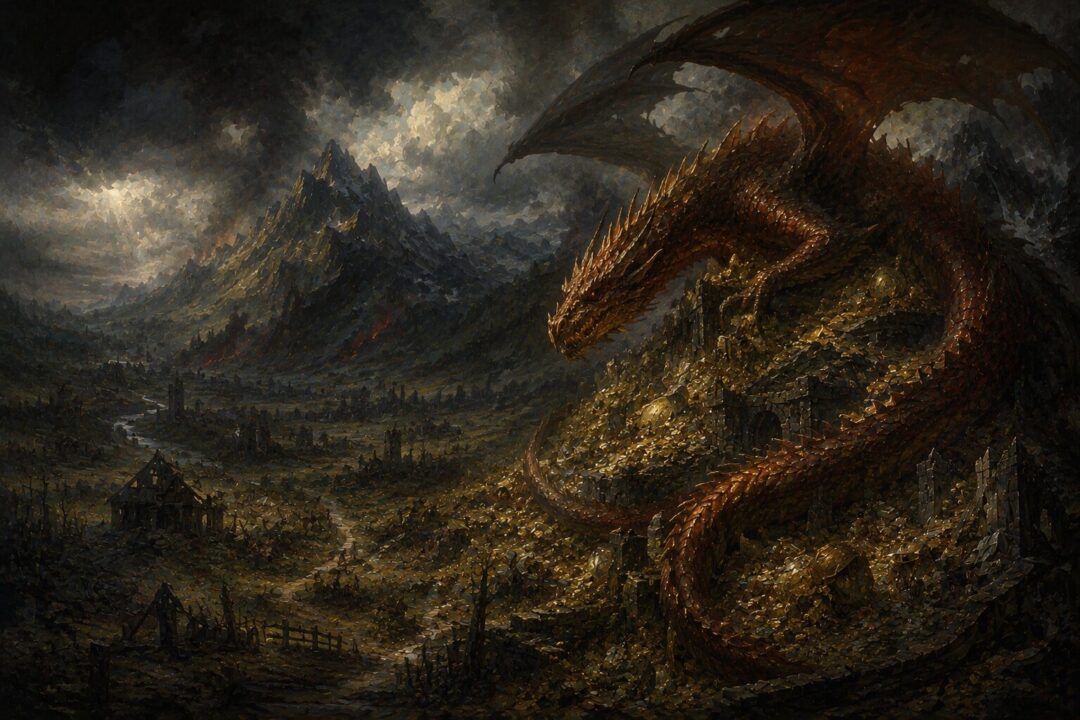 Symbolic image of Smaug's greed casting a shadow across northern Wilderland.