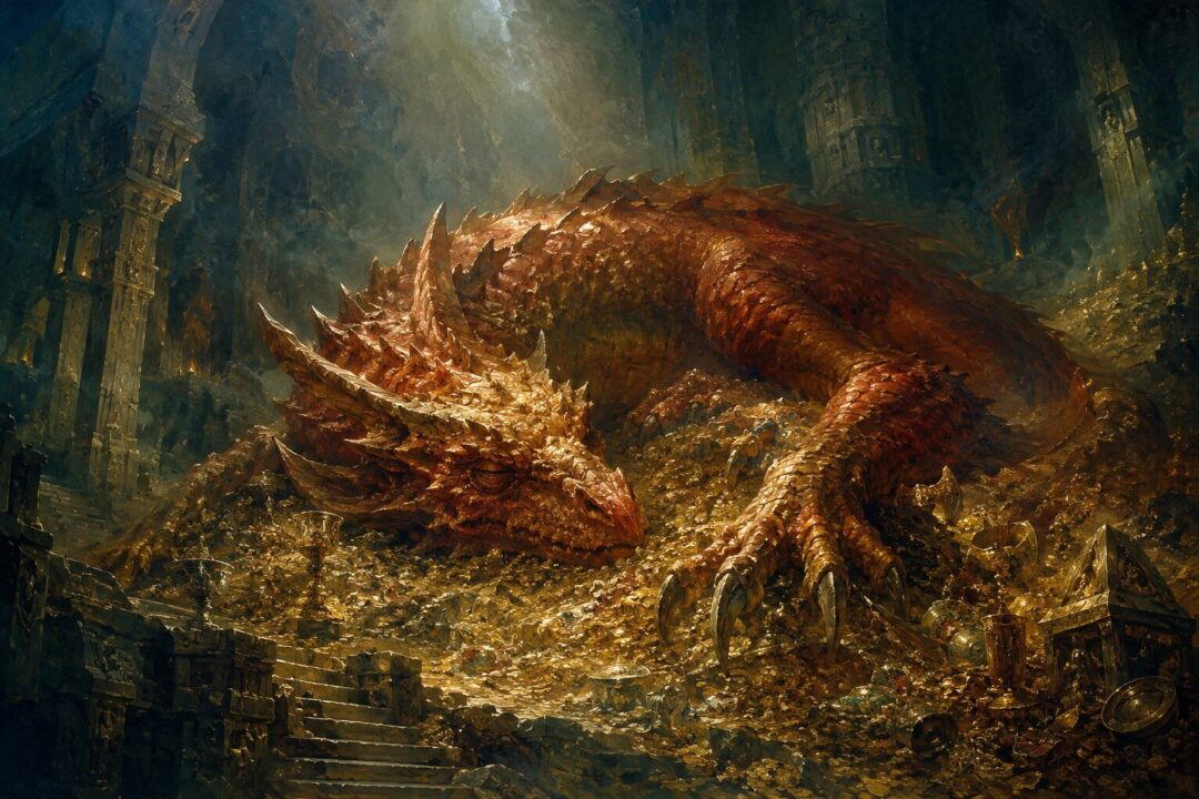Smaug asleep upon the vast treasure hoard inside the halls of Erebor.