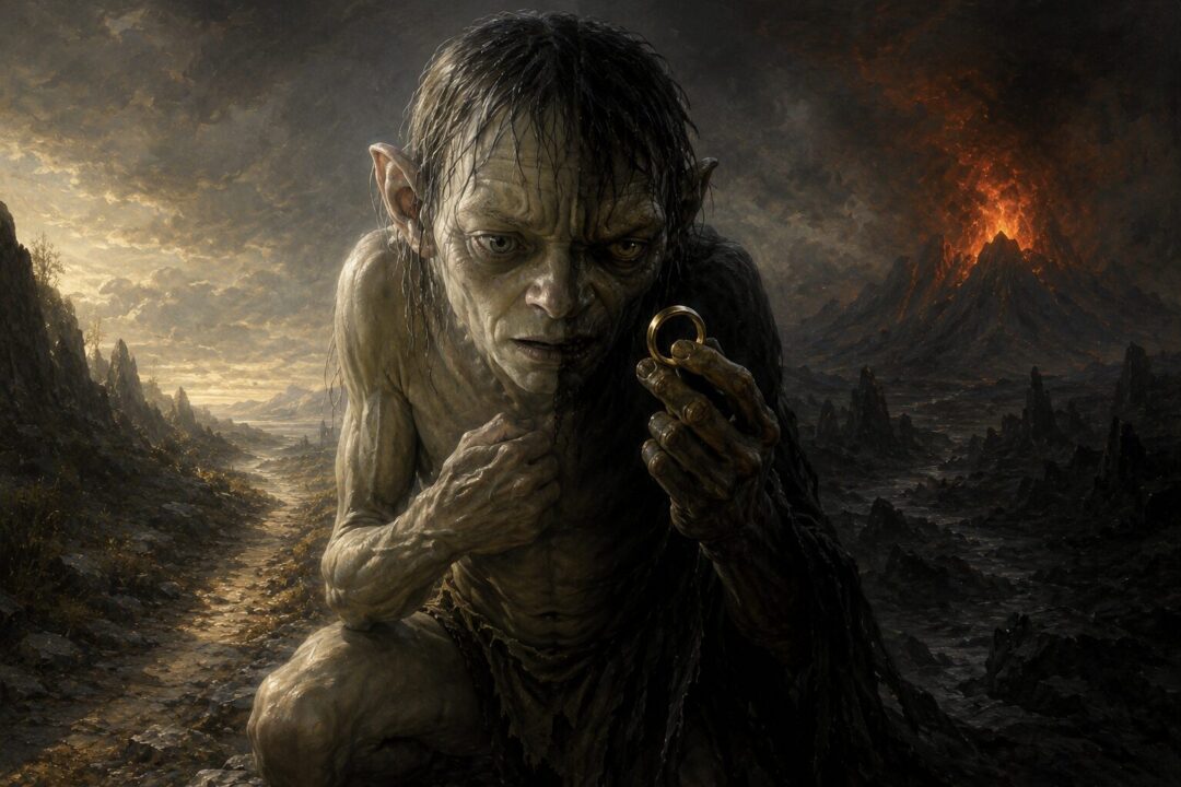 Symbolic depiction of the struggle between Sméagol and Gollum during the journey toward Mordor