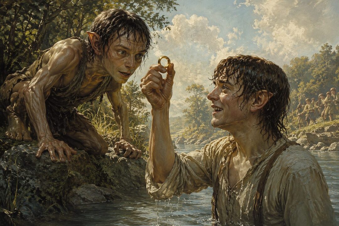 Sméagol gazing at the Ring beside the River Anduin after Déagol discovers it