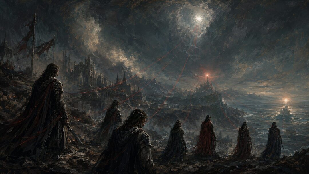 The sons of Fëanor drawn by oath-light toward distant Silmarils across a ruined First Age landscape.