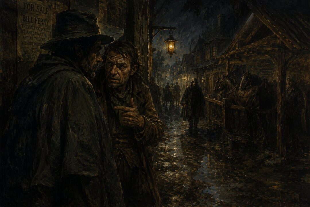 Suspicious figures in Bree exchanging information under cover of darkness