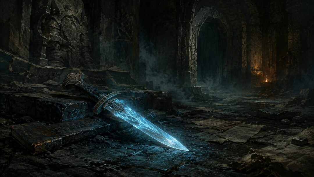 Sting glowing blue in a dark stone chamber before unseen Orcs arrive